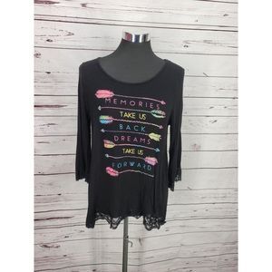 Top Girl LA Black Graphic Lace Trim Long Sleeve Top Memories Dreams Quote